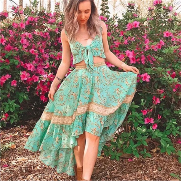 Boho Vintage Floral Print Mint Gypsy Crop Top Tank - Picture 8 of 11